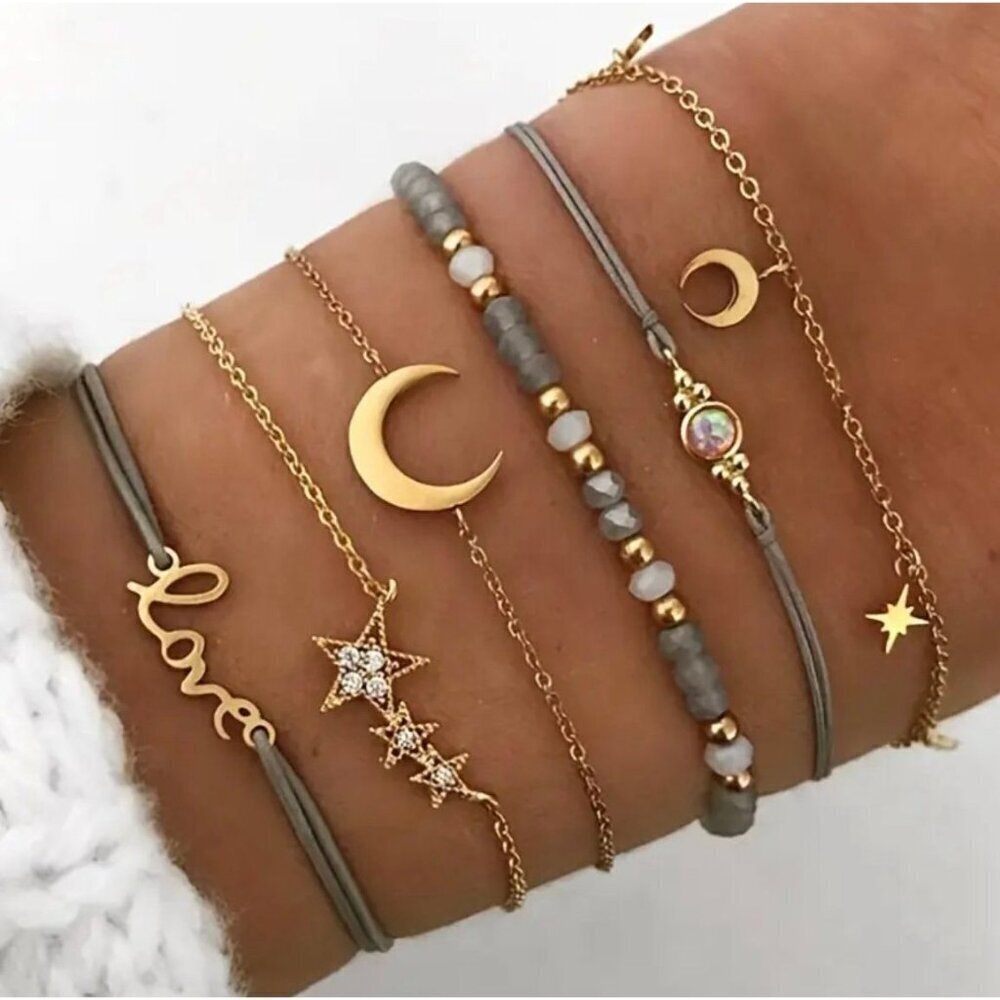 NEW 6 piece BOHO stacking bracelets, moon and sun jewelry, chain bracelet